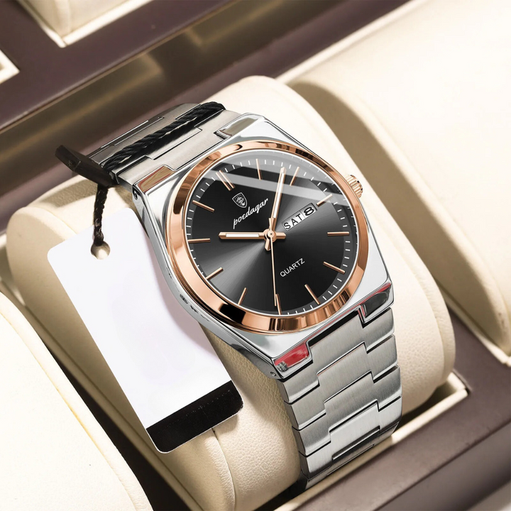 "Waterdicht roestvrijstalen herenhorloge, rond, zilverkleurig, elegant ontwerp met lichtgevende wijzers, 40mm wijzerplaat."