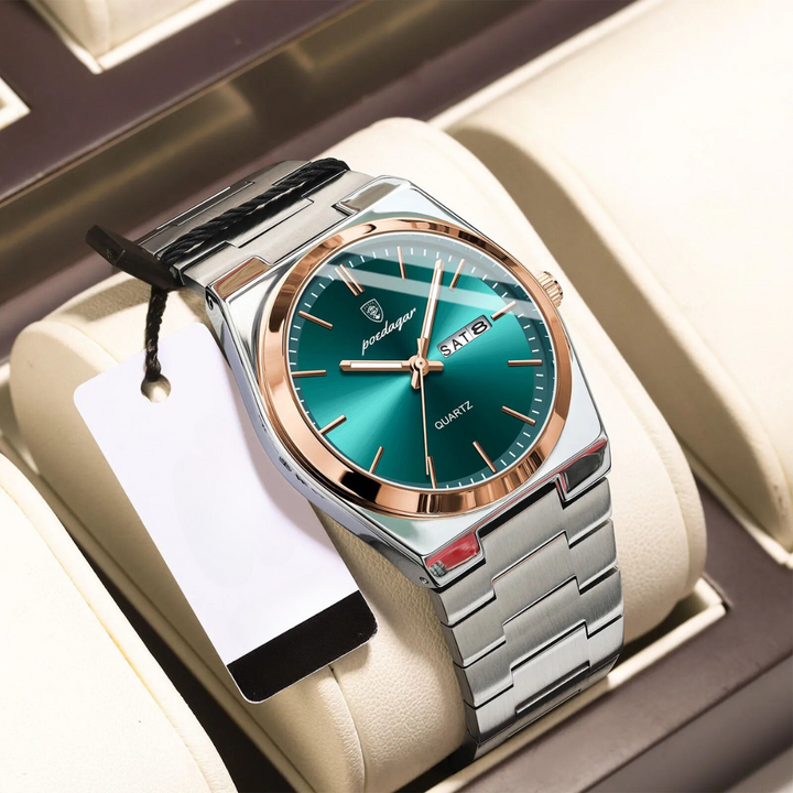 "Waterdicht roestvrijstalen herenhorloge, rond, zilverkleurig, elegant ontwerp met lichtgevende wijzers, 40mm wijzerplaat."