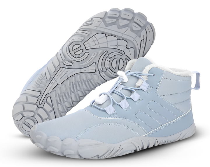 "Waterdichte ArcticBare Flex™ winter schoenen met antislip zool, ideale barefoot stijl in donkerblauwe en grijze tinten."