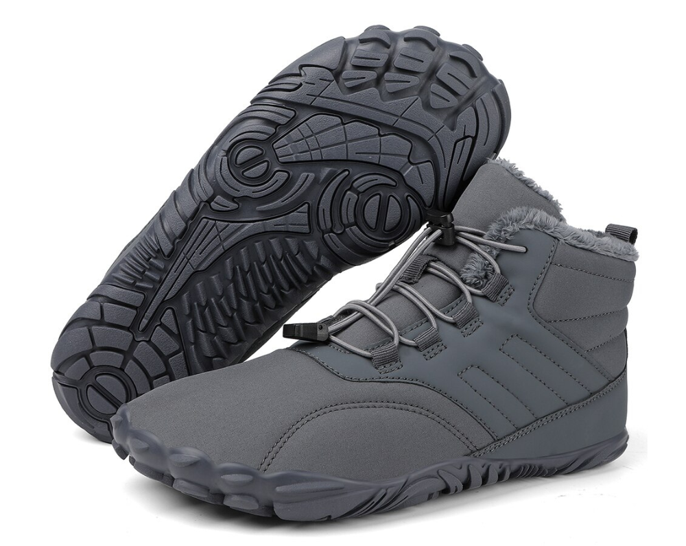 "Waterdichte ArcticBare Flex™ winter schoenen met antislip zool, ideale barefoot stijl in donkerblauwe en grijze tinten."