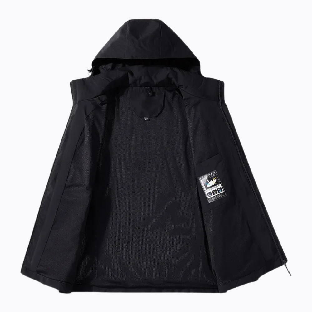 "Waterdichte lichtgewicht outdoor windbreaker heren, polyester met capuchon, ritsen en zakken, ideaal voor avonturen."