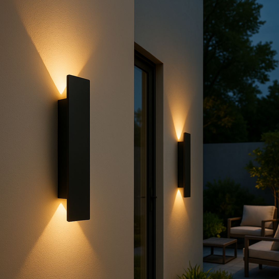 Weerbestendige, minimalistische LED wandlamp voor buiten, ideaal voor gevel of terrasverlichting met IP65-bescherming.