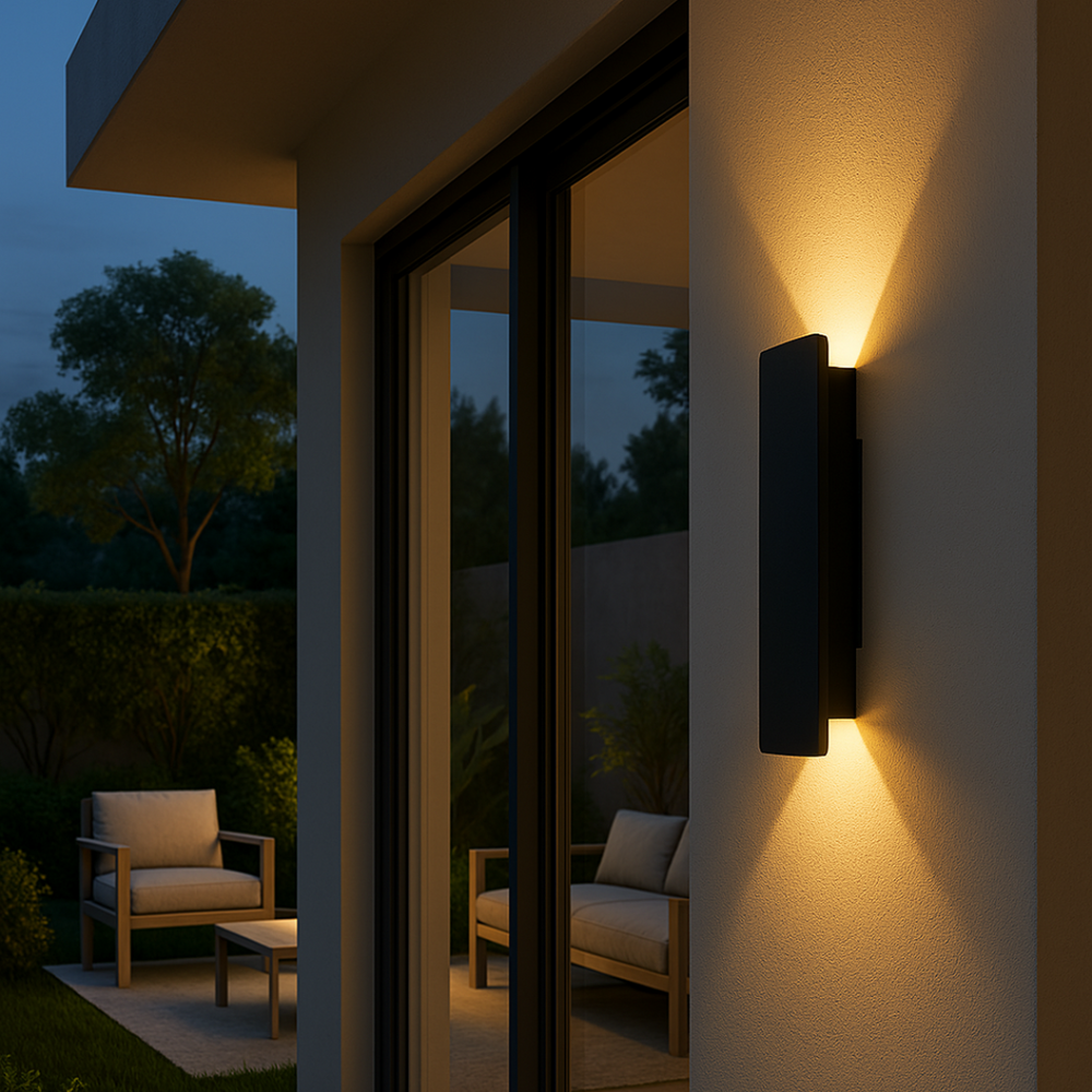 Weerbestendige, minimalistische LED wandlamp voor buiten, ideaal voor gevel of terrasverlichting met IP65-bescherming.