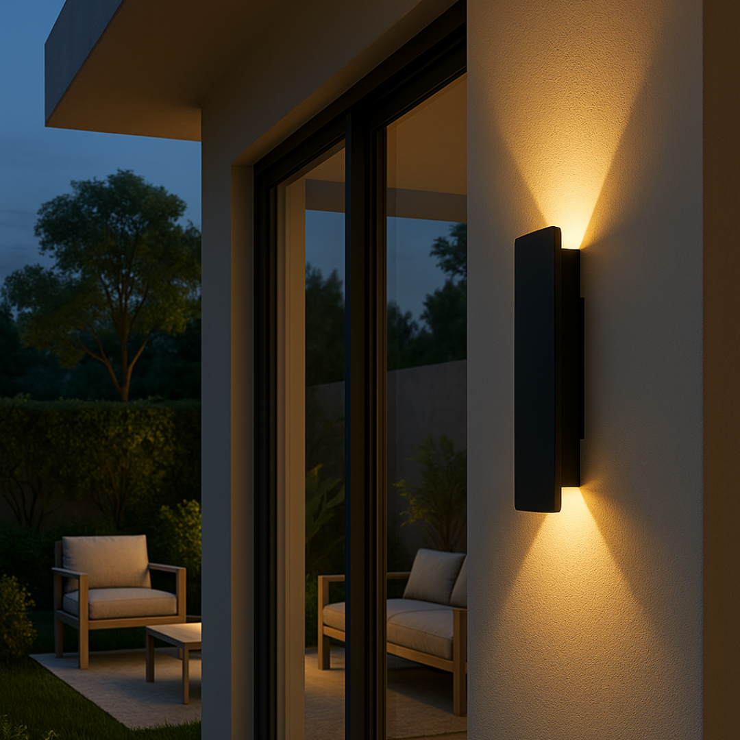 Weerbestendige, minimalistische LED wandlamp voor buiten, ideaal voor gevel of terrasverlichting met IP65-bescherming.