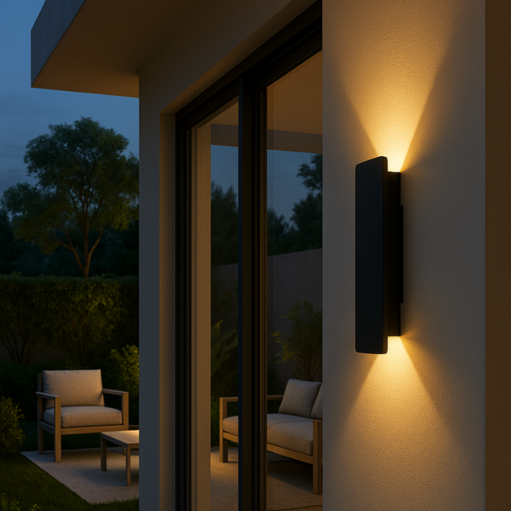 Weerbestendige, minimalistische LED wandlamp voor buiten, ideaal voor gevel of terrasverlichting met IP65-bescherming.