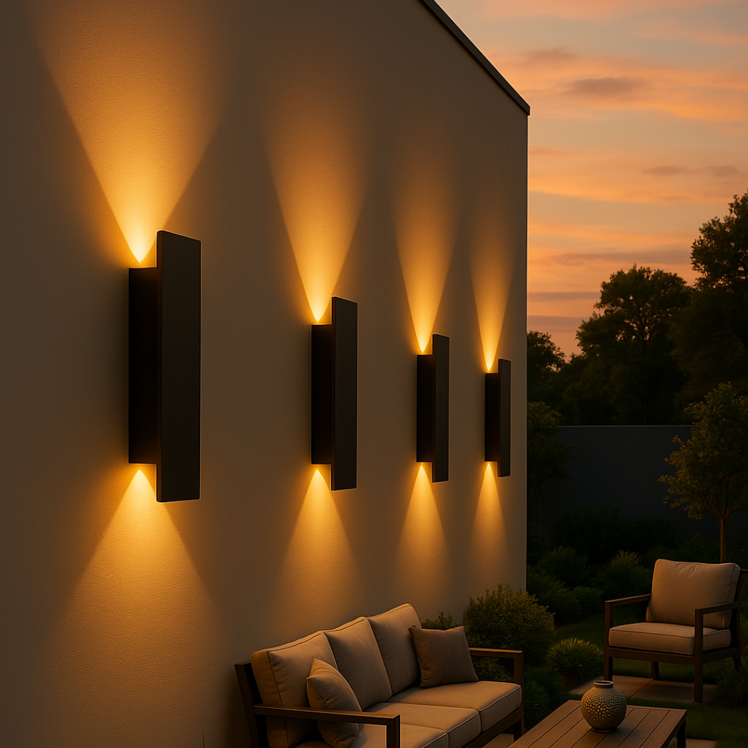 Weerbestendige, minimalistische LED wandlamp voor buiten, ideaal voor gevel of terrasverlichting met IP65-bescherming.