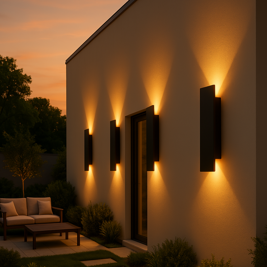 Weerbestendige, minimalistische LED wandlamp voor buiten, ideaal voor gevel of terrasverlichting met IP65-bescherming.