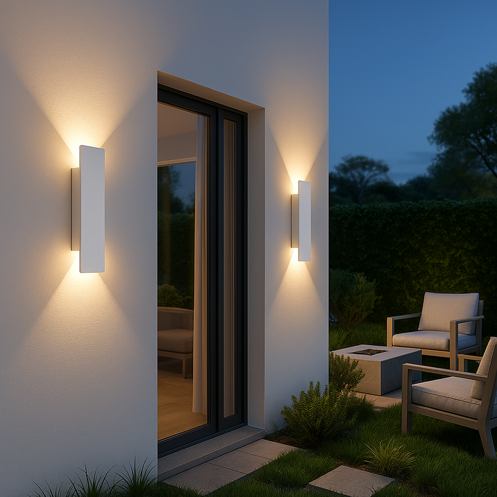 Weerbestendige, minimalistische LED wandlamp voor buiten, ideaal voor gevel of terrasverlichting met IP65-bescherming.