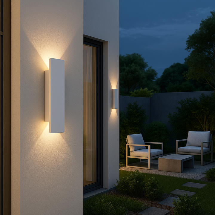 Weerbestendige, minimalistische LED wandlamp voor buiten, ideaal voor gevel of terrasverlichting met IP65-bescherming.