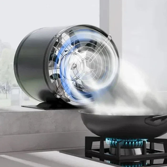 "WhisperFlow Ventilator zwart en wit, stille krachtige afzuiging voor keukens en kantoren, metalen omhulsel, energiezuinig."