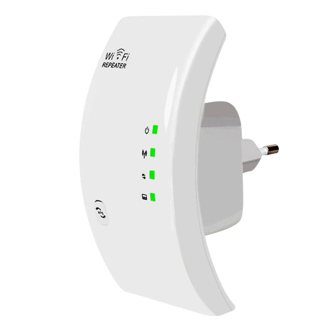 "Wit, compacte WiFi-versterker met interne antennes, geschikt voor stopcontact. Verbetert signaalbereik en internetsnelheid."