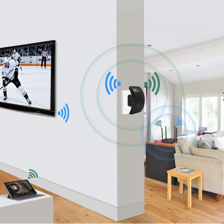 "Wit, compacte WiFi-versterker met interne antennes, geschikt voor stopcontact. Verbetert signaalbereik en internetsnelheid."