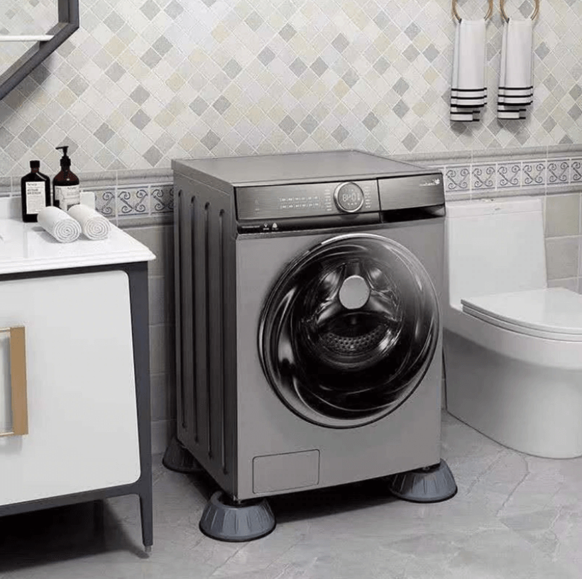 "Wit-grijze absorberende wasmachine pads, dempen geluid en trillingen, beschermen vloer, set van vier, eenvoudig te plaatsen.