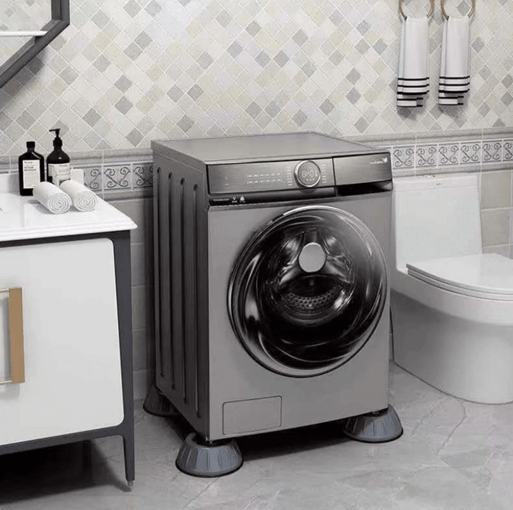 "Wit-grijze absorberende wasmachine pads, dempen geluid en trillingen, beschermen vloer, set van vier, eenvoudig te plaatsen.