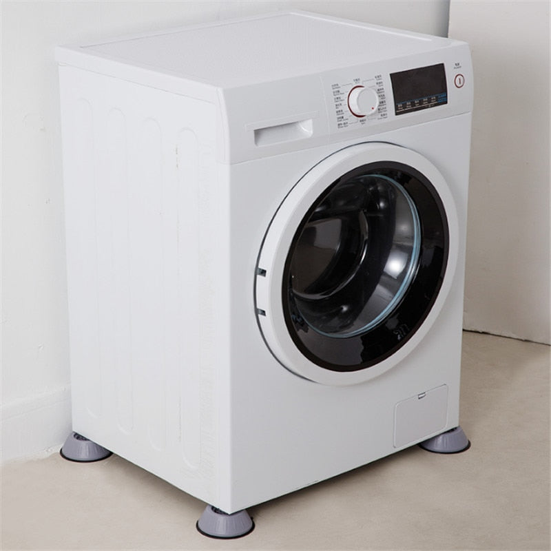 "Wit-grijze absorberende wasmachine pads, dempen geluid en trillingen, beschermen vloer, set van vier, eenvoudig te plaatsen.
