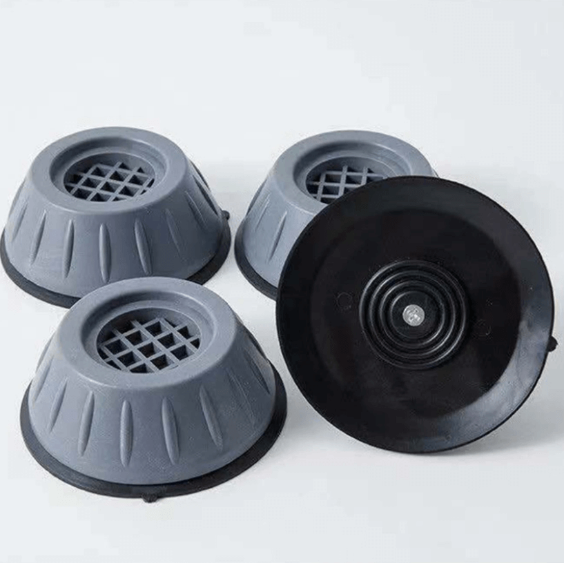 "Wit-grijze absorberende wasmachine pads, dempen geluid en trillingen, beschermen vloer, set van vier, eenvoudig te plaatsen.