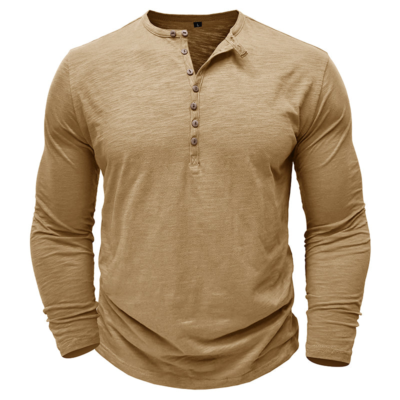 Zacht katoenen heren Henley shirt, lange mouw, casual look, ultrazachte stof, stijlvolle zeven knopen, flatterende pasvorm.