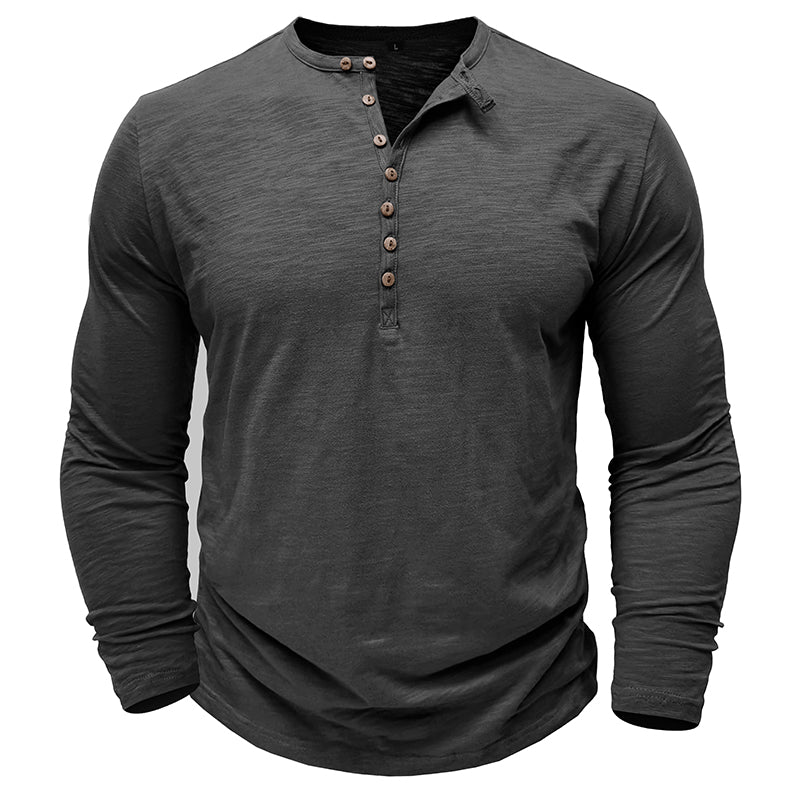 Zacht katoenen heren Henley shirt, lange mouw, casual look, ultrazachte stof, stijlvolle zeven knopen, flatterende pasvorm.