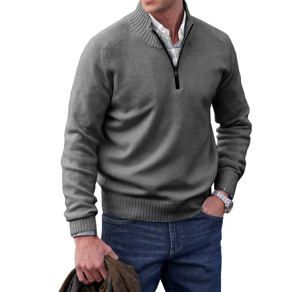 Zachte heren kasjmier trui met rits, slim fit, opstaande kraag, wit. Ideaal voor stijl en warmte in de winter.