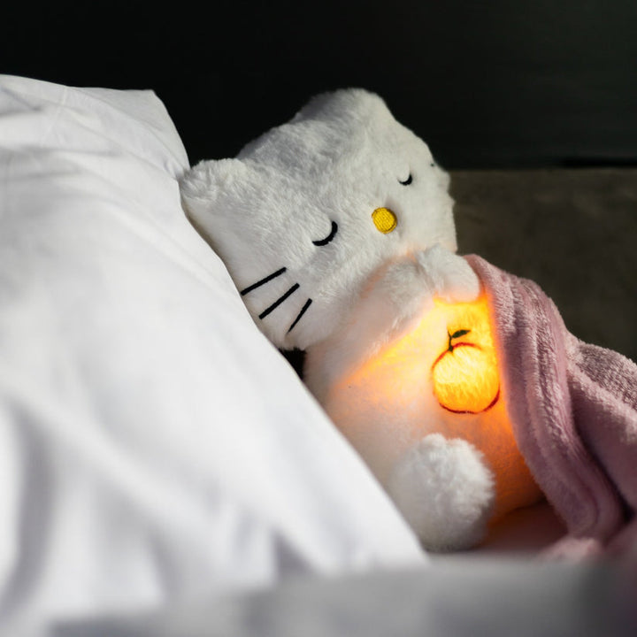 "Zachte knuffel met ingebouwd nachtlampje en geluiden in pastelkleuren voor stressverlichting en ontspanning."