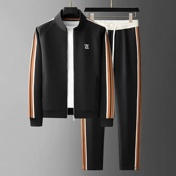 "Zephyr premium tracksuit met sportieve strepen, zachte lycra stof, elastische pasvorm, perfecte voor sport en vrije tijd."