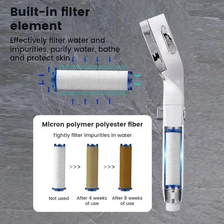 "Zilveren douchekop AquaPulse met hoge druk en verstelbare spraymodi, gestroomlijnd modern ontwerp voor luxe douche-ervaring.