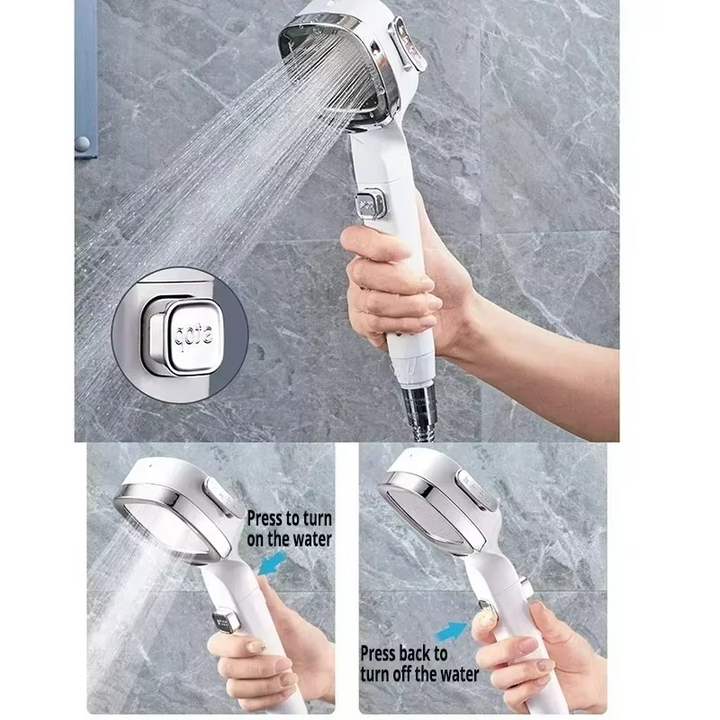 "Zilveren douchekop AquaPulse met hoge druk en verstelbare spraymodi, gestroomlijnd modern ontwerp voor luxe douche-ervaring.