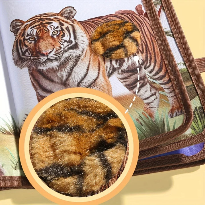 "Zintuigen boekje met kleurrijke dierenillustraties en voelbare texturen voor kinderen, bevordert leren en verbeeldingskracht