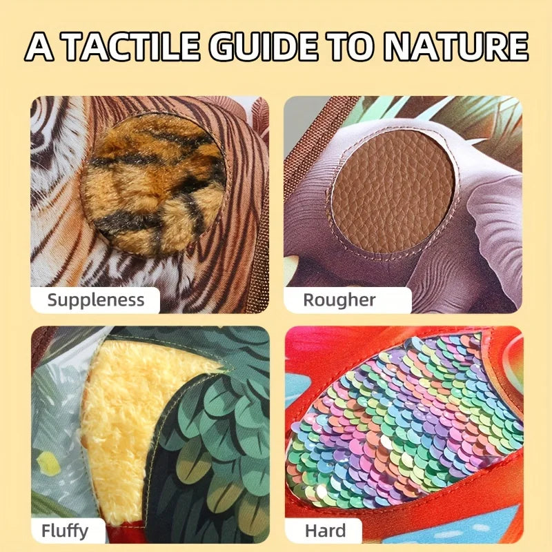 "Zintuigen boekje met kleurrijke dierenillustraties en voelbare texturen voor kinderen, bevordert leren en verbeeldingskracht