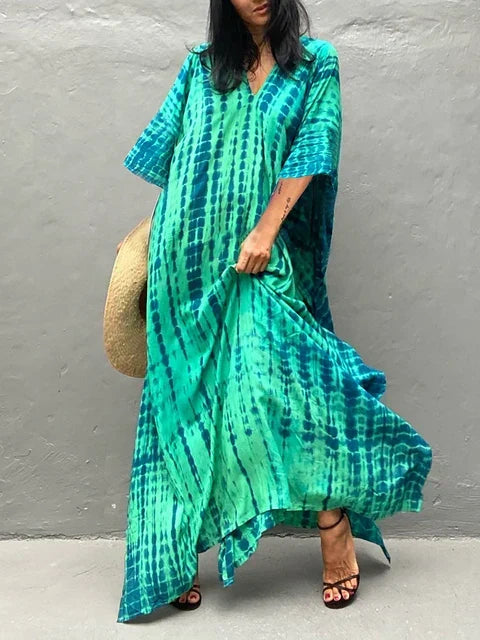 "Zomerse Janne kaftan maxi jurk voor dames, elegant design met exotische flair, ideaal voor zonnige dagen."