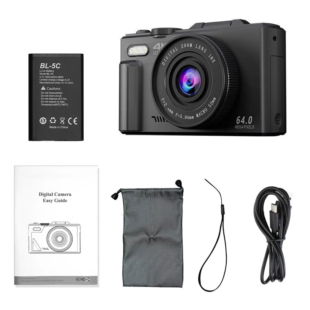 "ZoomPro 4K Vlog Camera met 18x zoom, 180° flip screen, WiFi; compact zwart design voor veelzijdige contentcreatie."
