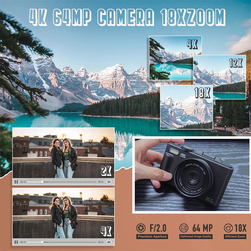 "ZoomPro 4K Vlog Camera met 18x zoom, 180° flip screen, WiFi; compact zwart design voor veelzijdige contentcreatie."