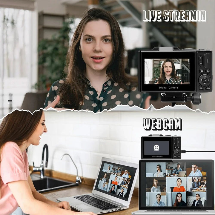 "ZoomPro 4K Vlog Camera met 18x zoom, 180° flip screen, WiFi; compact zwart design voor veelzijdige contentcreatie."