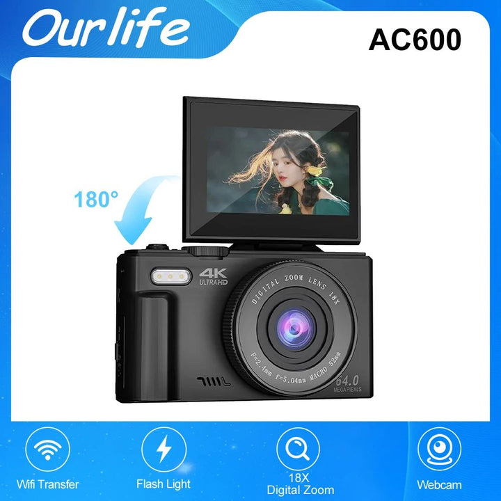 "ZoomPro 4K Vlog Camera met 18x zoom, 180° flip screen, WiFi; compact zwart design voor veelzijdige contentcreatie."