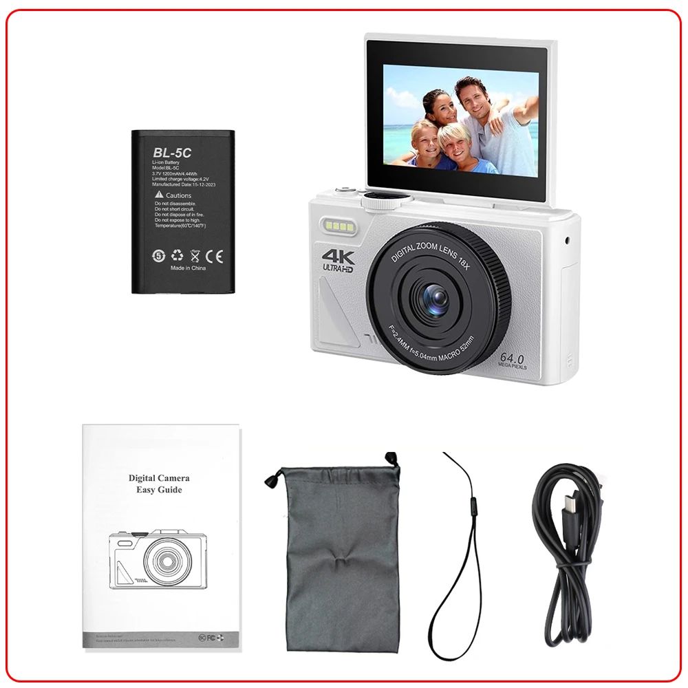 "ZoomPro 4K Vlog Camera met 18x zoom, 180° flip screen, WiFi; compact zwart design voor veelzijdige contentcreatie."