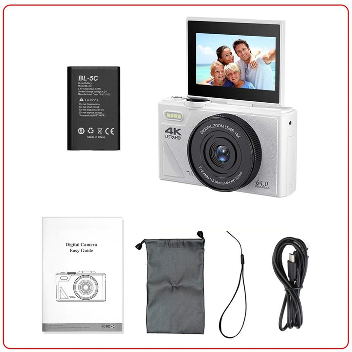 "ZoomPro 4K Vlog Camera met 18x zoom, 180° flip screen, WiFi; compact zwart design voor veelzijdige contentcreatie."