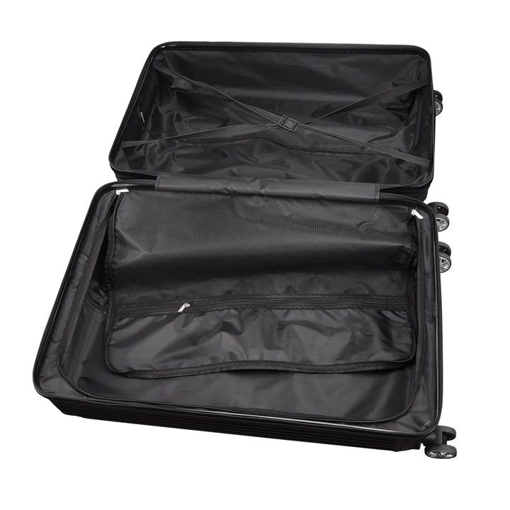 Drie zwarte Zurich Explorer hardshell reiskoffers, compleet met TSA-slot en dubbele spinnerwielen, klaar voor elke reis.