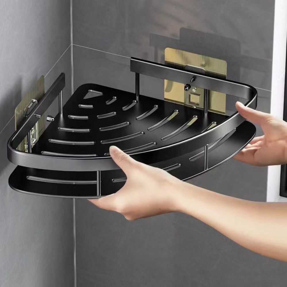 Stijlvol zwart/zilver aluminium hoekrek, ideaal voor de badkamer. Te gebruiken als doucherek of wandrek, zonder boren.