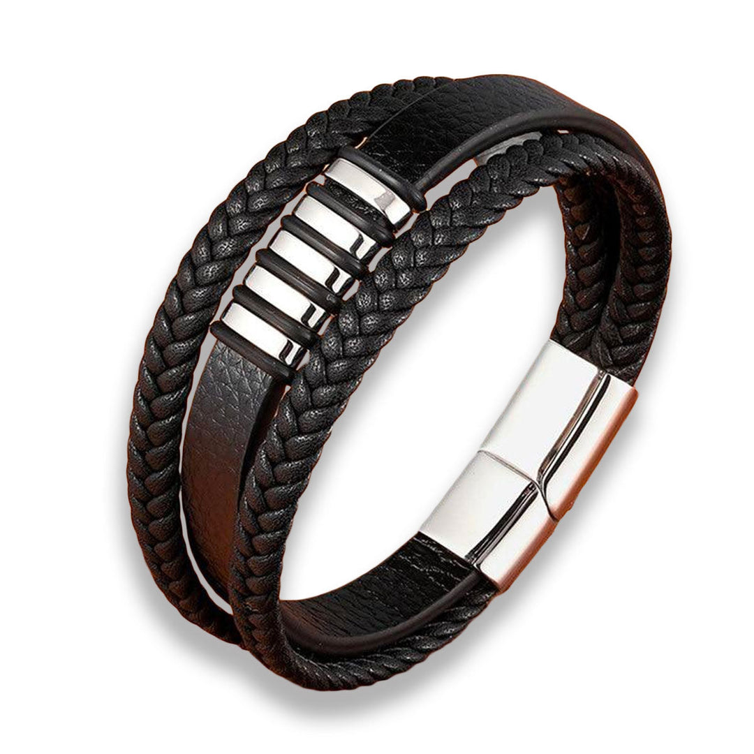 "Zwart-gouden lederen herenarmband, tijdloos ontwerp, dubbele banden, mannen accessoire, elegant en stijlvol."