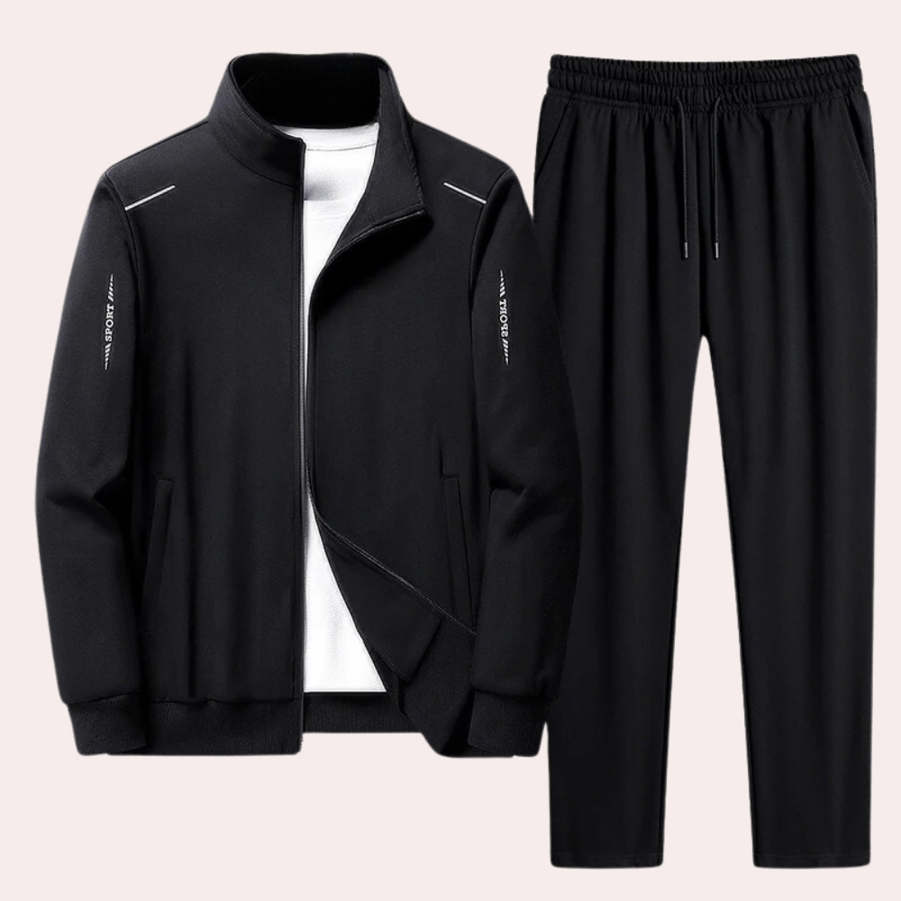 "Zwart heren trainingspak met jas, opstaande kraag en elastische tailleband voor ultiem comfort en stijlvol design."