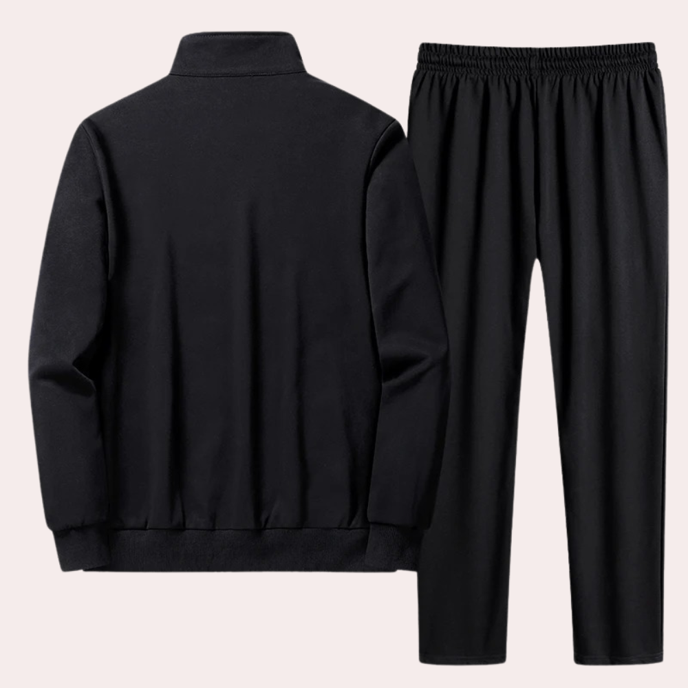 "Zwart heren trainingspak met jas, opstaande kraag en elastische tailleband voor ultiem comfort en stijlvol design."