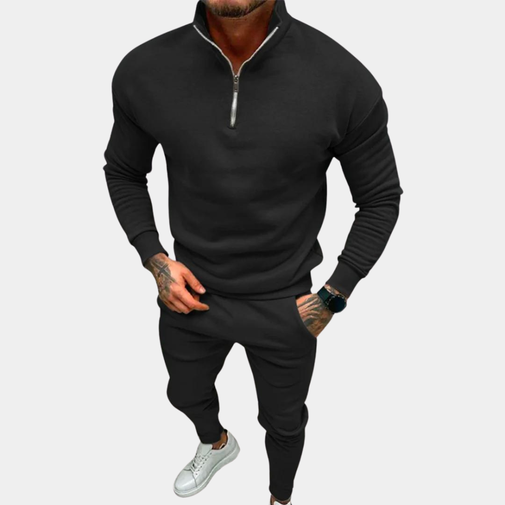 "Zwart joggingpak voor heren met joggingbroek en trui halve rits, comfortabel en stijlvol, diverse kleuren beschikbaar"