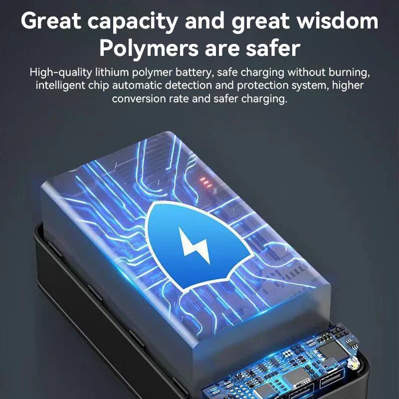 "Zwarte 100.000mAh power bank voor snel opladen van telefoons, tablets en laptops, compacte draagbare technologie."