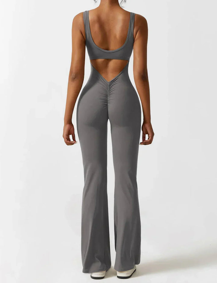 Grijze flared shaping jumpsuit voor dames, veelzijdig en met een open V-rug.