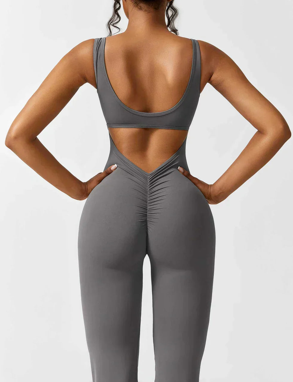 Koffiekleurige shaping jumpsuit, flared, dames, met stijlvolle V-rug.