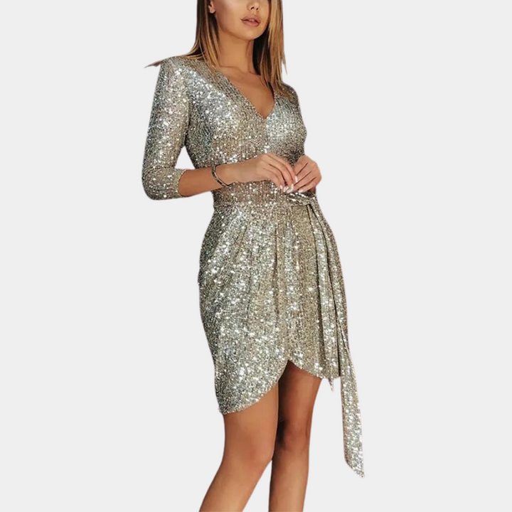 "Zwarte elegante glitterjurk voor dames met V-hals en lange mouwen, ideaal voor avondgala's en chique feesten."