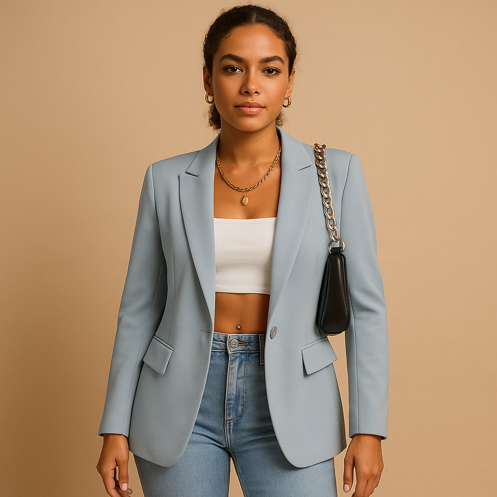 Lichtblauwe getailleerde dames blazer. Veelzijdig en stijlvol jasje voor zowel zakelijk als casual.