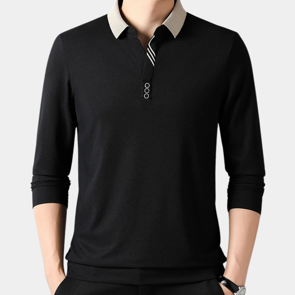 "Zwarte herenpolo met korte mouwen, elegante pasvorm, klassieke polohals, veelzijdig voor zomer casual wear."