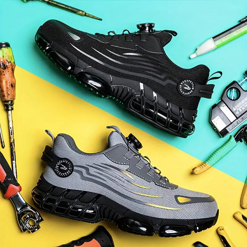 "Zwarte herenschoenen met stalen neus, antislipzool, ideaal voor outdoor; duurzaam en waterbestendig, stevige grip."