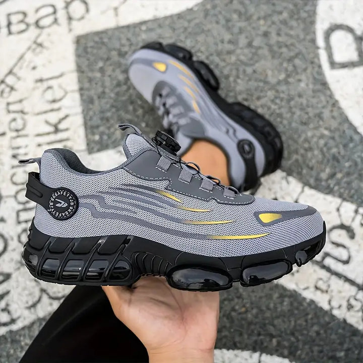 "Zwarte herenschoenen met stalen neus, antislipzool, ideaal voor outdoor; duurzaam en waterbestendig, stevige grip."